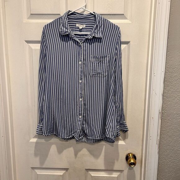 BeachLunchLounge Blue White Striped Long Sleeve Button Up Shirt Large Coastal - Picture 1 of 6